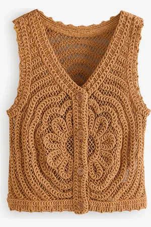 Next Yellow Ochre 100% Cotton Floral Crochet Button Up Waistcoat