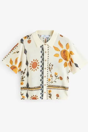 Next Abstract Sunshine Knitted Collared Short Sleeve Shirt With Linen