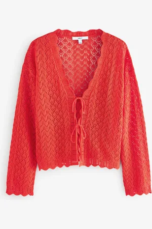 Next Red Orange Lace Knit Tie Front Cardigan with Linen