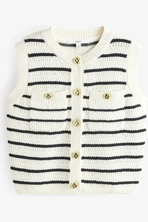 Next White Stipe Stripe Crew Neck Button Up Waistcoat Co-Ord with Cotton