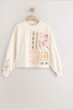 Next Ecru 100% Cotton Pretty Embroidered Graphic Crewneck Sweatshirt