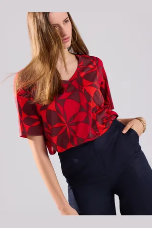 Next Red/ Tile Print Cotton Modal Slouch V-Neck T-Shirt