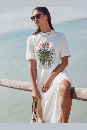 Next Palm Graphic Ecru Heavyweight Short Sleeve Crew Neck Maxi T-Shirt Dress