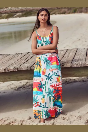 Next Bright All Over Print Maxi Length Trapeze Shape Ruched Neckline Thin Vest Strap Dress