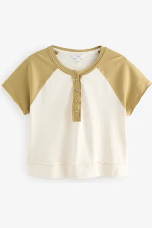 Next Ecru and Green Shorter Length Raglan Colourblock Short Sleeve Button Henley T-Shirt