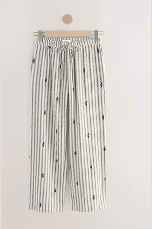 Next /White Stripe Elasticated Waist Wide Leg Trousers with Embroidery