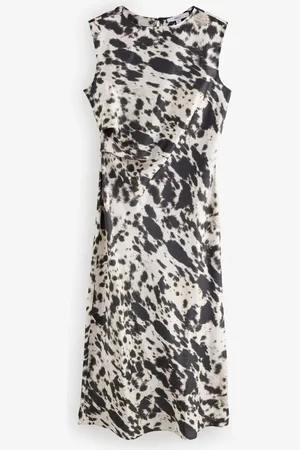 Next Cow Animal Print Sleeveless Satin Drape Waist Detail Midi Dress