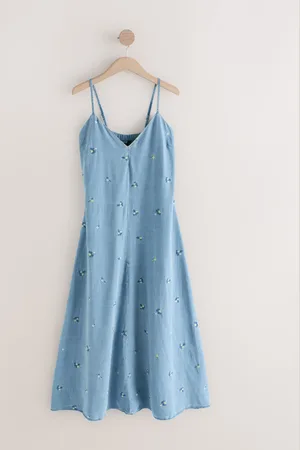 Next Mid Floral Embroidered TENCEL Denim Maxi Slip Dress