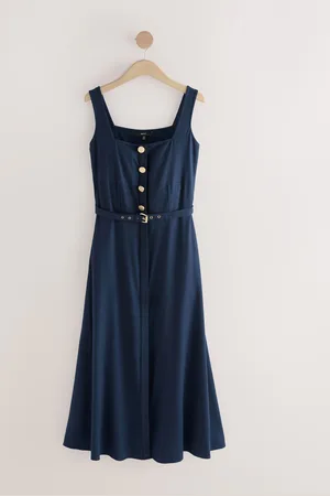 Next Blue Belted Square Neck Midi Dress