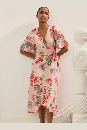 Next Pastel Floral Print Flutter Sleeve Wrap Midi Dress