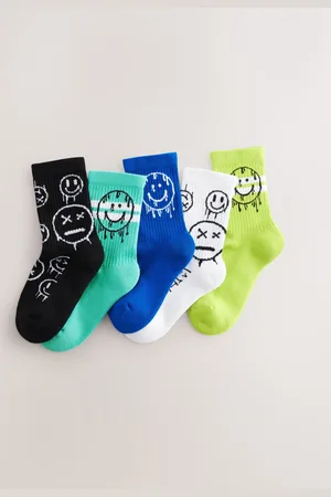 Next /Green Graffiti Smile Cushioned Footbed Cotton Rich Ribbed Tipped Socks 5 Pack