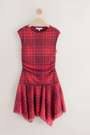 Next Red Check Mesh Asymetric Short Sleeve Mini Dress