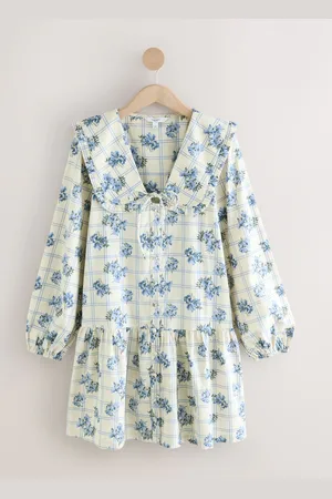 Next Floral Check Frill Collar Tiered Boho 100% Cotton Mini Dress