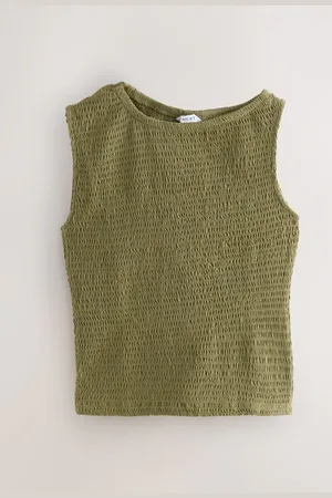 Next Khaki Shirred Asymmetric Sleeveless 100% Cotton Top