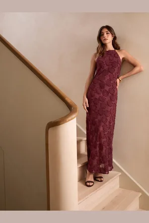 Next Burgundy Red Occasion Floral Textured Maxi Dress