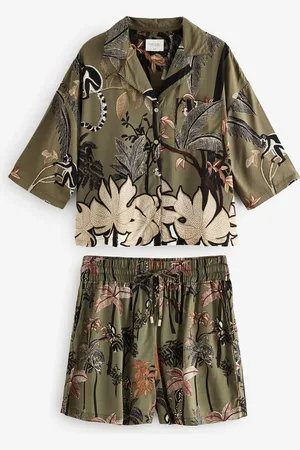 Next Khaki Palm Button Through Short Set Pyjamas