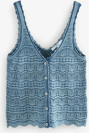 Next Chambray 100% Cotton Wave Stitch Button Crochet Tank Vest