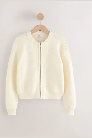 Next Ecru Knitted Zip-Up Bomber Jacket with Cotton
