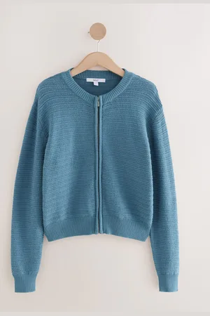 Next Chambray Knitted Zip-Up Bomber Jacket with Cotton