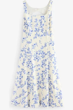 Next /Blue Floral Square Neck Puff Hem Midi Dress