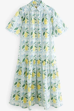 Next Lemon and Blue Check Print Short Sleeve Drop Waist 100% Cotton Maxi Shirt Dress