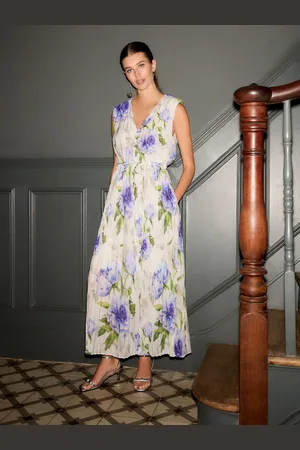 Next Purple Blue Floral Shoulder Pad V Neck Tie Waist Plisse Midi Dress
