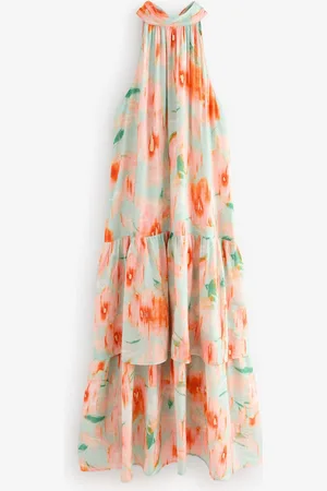 Next Light And Orange Smudge Print Halter Tie Neck Layered Maxi Dress