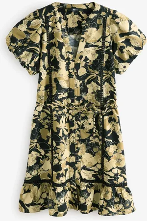 Next Floral Button Through Lace Insert Mini Dress With Linen