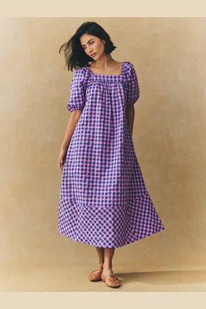 Next /Pink Gingham Puff Sleeve Square Neck Maxi Dress