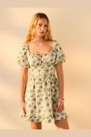 Next /Ecru Ditsy Floral 100% Cotton Puff Sleeve Milkmaid Mini Dress