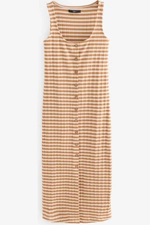 Next Cream/ Stripe Square Neck Button Down Rib Column Midi Dress