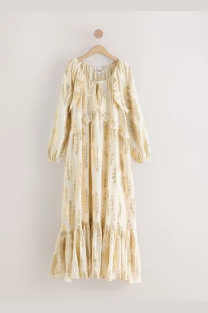 Next N. Premium Long Sleeve Ruffle Tie Front Maxi Dress