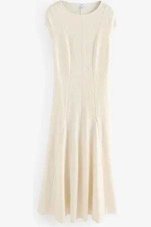 Next Ecru Cap Sleeve Jacquard Midi Dress