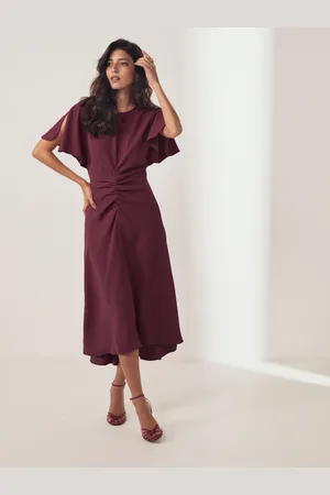 Next Burgundy Short Sleeve Ruched Midi Dress