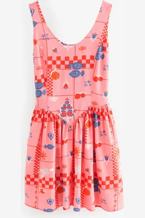 Next Bright Tropical Print Sleeveless Scoop Neck Waisted Mini Dress with Linen
