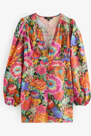Next Bright Floral 100% Cotton Long Sleeve Blouson Sleeve Waisted Mini Dress