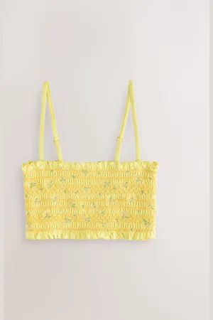Next Yellow Floral Embroidered Shirred Bandeau Bikini Top