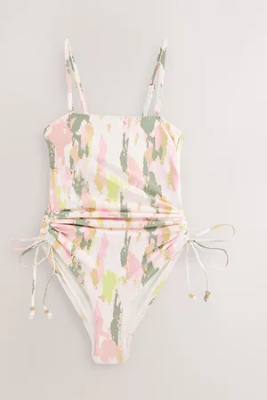 Next Cream/ Camo Foil Bandeau Ruched Leg Tummy Control Shaping Swimsuit