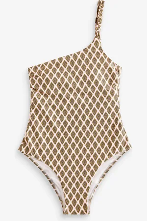 Next Khaki /Cream Foil Woodblock One Shoulder Tummy Control Swimsuit