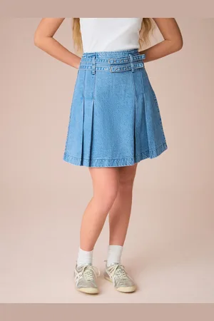 Next Mid Denim 100% Cotton Denim Belted Kilt Skirt