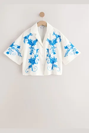 Next /Blue Doublecloth Relaxed Short Sleeve Shirt With Embroidery