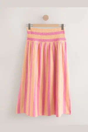 Next Coral /Orange Stripe Soft 100% Cotton Elasticated Waist Maxi Skirt