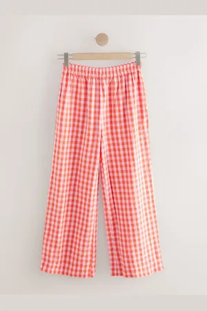 Next /Red Textured Gingham Wide Leg 100% Cotton Trousers