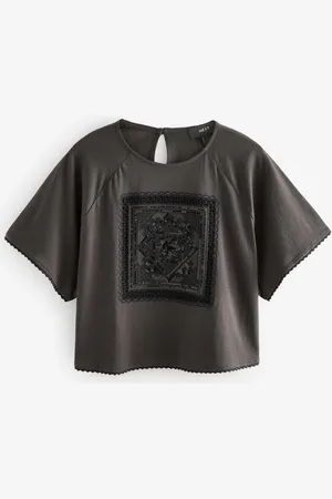 Next Charcoal Embroidered Cropped T-Shirt