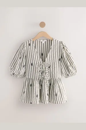 Next /White Stripe Tie Front Peplum V-Neck Top with Embroidery