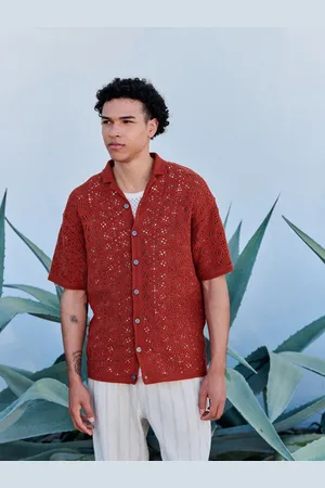 Next Rust Red Relaxed Fit Cotton Rich Short Sleeve Crochet Knit Shirt with Cuban Collar