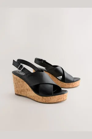 Next Standard/Wide Fit Forever Comfort Leather Round Toe Cross-Over Slingback Platform Wedges