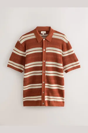 Next Rust Orange Regular Fit Silk Rich Signature Horizontal Stripe Short Sleeve Knit Shirt