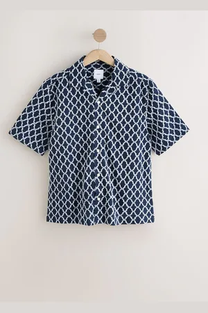 Next Blue Trellis Textured Short Sleeve 100% Cotton Shirt