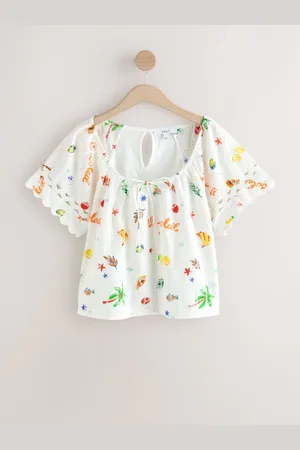 Next Multi Broderie Boho Short Sleeve Ric Rac 100% Cotton Top